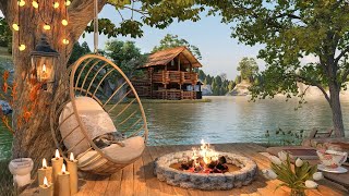 Cozy Lake House Porch in Spring Ambience with Relaxing Lake Waves, Campfire and Birdsong