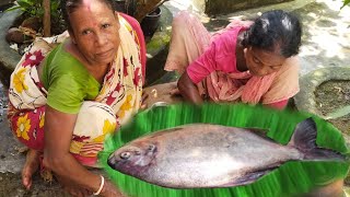 2kg Rupchand fish cooking and eating by village Tribal women//village cooking and eating