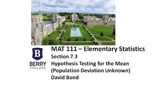 Section 7 - 3 Hypothesis Testing for the Mean Population (Population Deviation Unknown)