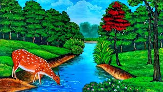 How to draw a deer scenery of forest drawing|acrylic water colours drawing|