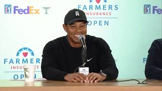 Tiger Woods talks to the media before the 2020 Farmers Insurance Open