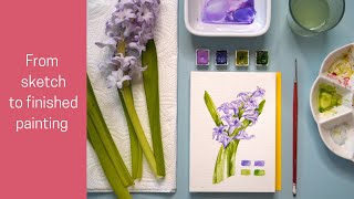 Easy watercolor hyacinth painting: FULL tutorial, FULL transparency!