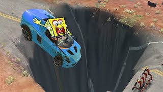 Spongebob Makes Death Falls with Giant Pit ! Reaction Epic High Speed Jumps 🚓 BeamNG Drive Car Crash