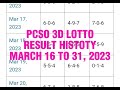 PCSO 3D LOTTO/SWERTRES RESULT HISTORY MARCH 16 TO 31, 2023 #lottoresulttoday #lottoresulthistory