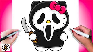 How To Draw Hello Kitty As Ghost Face SCREAM | Sanrio | Halloween Drawing Tutorial