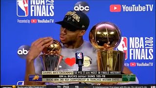 Giannis kisses the NBA Finals trophy and tells his Finals MVP trophy to not get jealous 🤭