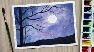 Full Moonlight Night Sky Beginners Watercolor Tutorial - Paint with David