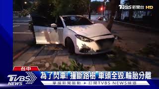 為了閃車! 撞斷路樹 車頭全毀.輪胎分離