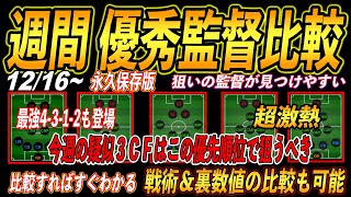 【12/16～週間優秀監督比較】疑似３ＣＦ獲得優先順位はこれ＜永久保存版＞『違いが分かる』『人気フォメ別に一覧で確認できます』戦術＆裏数値全て掲載『ウイイレアプリ2021』【210】