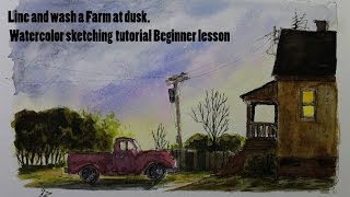 Line and wash a Farm at dusk Watercolor sketching  tutorial Beginner lesson