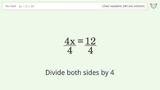 Linear equation with one unknown: Solve 4x-2=10 step-by-step solution