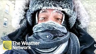 Weather reporter ends up with icicles for eyelashes in Prairies' cold