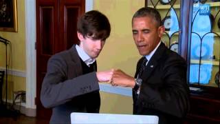 Barack Obama Fist Bumping With Tumblr Founder David Karp, and discuses about pronouncing \