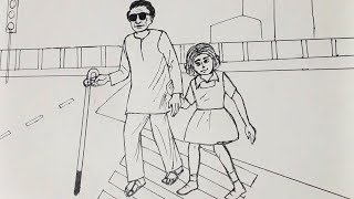 How to draw a girl is helping old man for crossing the  road/elementary drawing/pen drawing