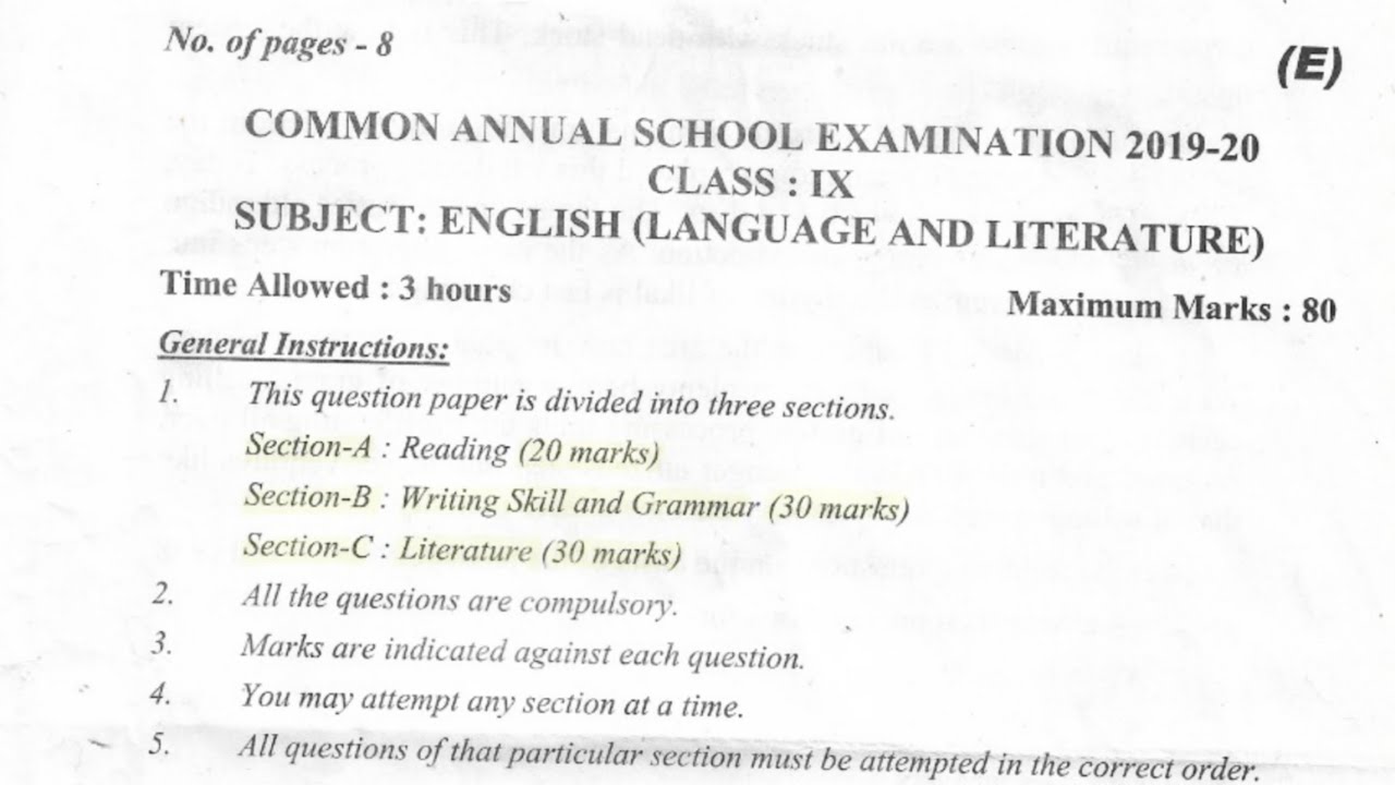 Class 9 English Sample Paper 2020 21 Solved Exampless Papers