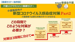 【介護リスクマネジメント動画】新型コロナ感染症対策Part2　平常時・感染疑惑者発生時・感染者発生時の3段階で具体的な対策を徹底解説　飛沫感染対策重視　感染リスクの低い介助方法