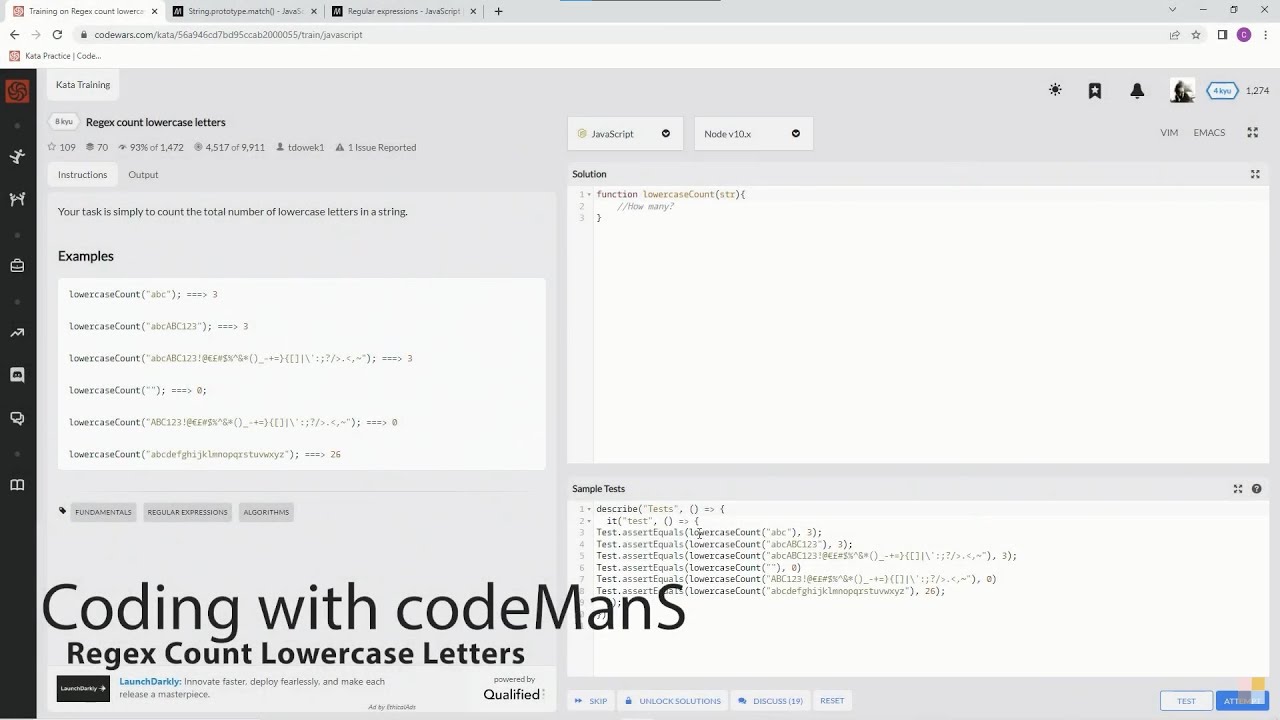 Codewars 8 Kyu Regex Count Lowercase Letters Javascript Youtube
