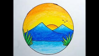 How To Draw Mountain Landscape |Drawing Mountain Scenery In A Circle