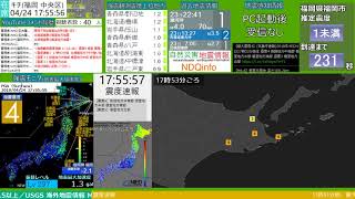 【緊急地震速報(予報)】根室半島南東沖 M5.3 最大震度4 2018/04/24 17:53発生