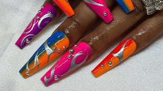 Long Coffin Acrylic Nails - How To Do Pigment Ombre Neon Colors - Acrylic Nails Tutorial