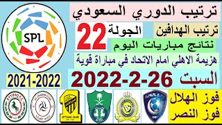 ترتيب الدوري السعودي وترتيب الهدافين اليوم السبت 26-2-2022 الجولة 22 - فوز الهلال وفوز الاتحاد