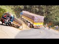 Heavy Loaded Truck Slips off the road - Crazy Truck Driver Unable to Turn at Hairpin Curve Ghat Road