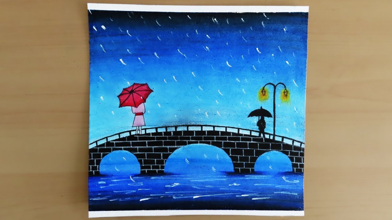 Rainy Day Scenery Drawing With Oil Pastel For Beginners || Rainy Season ...