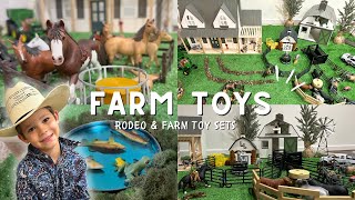 Little Cowboy Plays with Rodeo Farm Toys! BULLS/COW/TRACTOR/BARN/ANIMALS/LINCOLN LOGS/KIDS/TRUCK/PBR