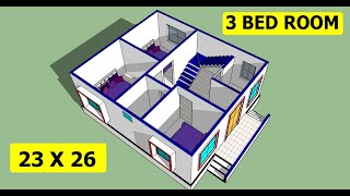 3 BED ROOM SMALL HOUSE PLAN II 23 X 26 GHAR KA NAKSHA II SMALL HOUSE DESIGN II 3D ELEVATION