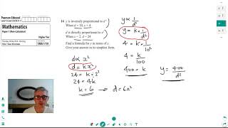 Inverse Proportionality Edexcel 2018 Higher Tier Paper 1 Question 14