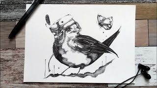 鳥 - その7 - 【ボールペン画メイキング】- Ballpoint pen drawing -