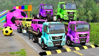 Double Flatbed Trailer Truck vs Speedbumps Train vs Cars  Tractor vs Train Beamng Drive 0125