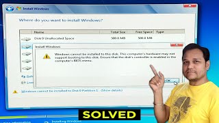 Windows cannot be installed Ensure that the Disks controller is enabled in the computers BIOS menu..