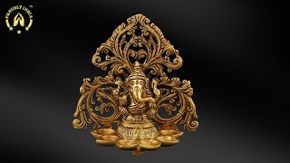 5.1 Inch 6 Wick Carving Ganesh Diya, Brass Aarti Diya, Kerala Deepam,Kuthu Vilakku.