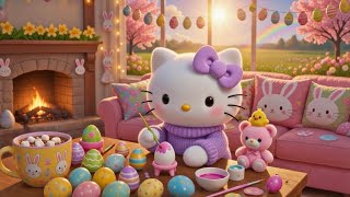 Hello Kitty Cozy Easter Egg Painting Ambience 🐣 Relaxing Spring Fireplace & Rainbow Vibes 🌈