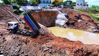 Excellent action of preparing dam adding more rocks \u0026 soils pushing by expert dozer Komatsu D31A