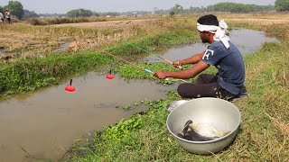 Fishing Video🎣🐠 || Talented boy fishing with hooks in paddy field canal using two fishing rod's 🐠😮