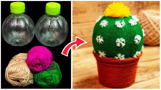 recycle plastic bottle craft ideas flower pot | cactus from Plastic bottles and Wool Yarn