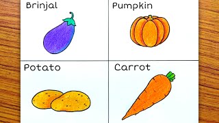 How to Draw Vegetables Easy Method/Vegetable Drawing with Colour/Draw Brinjal,Pumpkin,Potato,Carrot