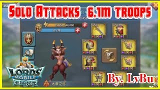 TTSJ【王國紀元】Lords Mobile 戰神獨秀！單吃6M兵｜LvBu Solo Attacks 6.1M Troops!