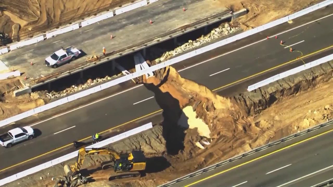 Helicopter Footage Shows Flood Damage To 10 Freeway - YouTube