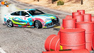 CARS VS EXPLOSIVE BARRELS Incident on the road - BeamNG drive