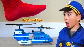 DON'T STEP ON THE LEGOS! Cops & Robbers Costume Pretend Play and Skit for Kids | JackJackPlays