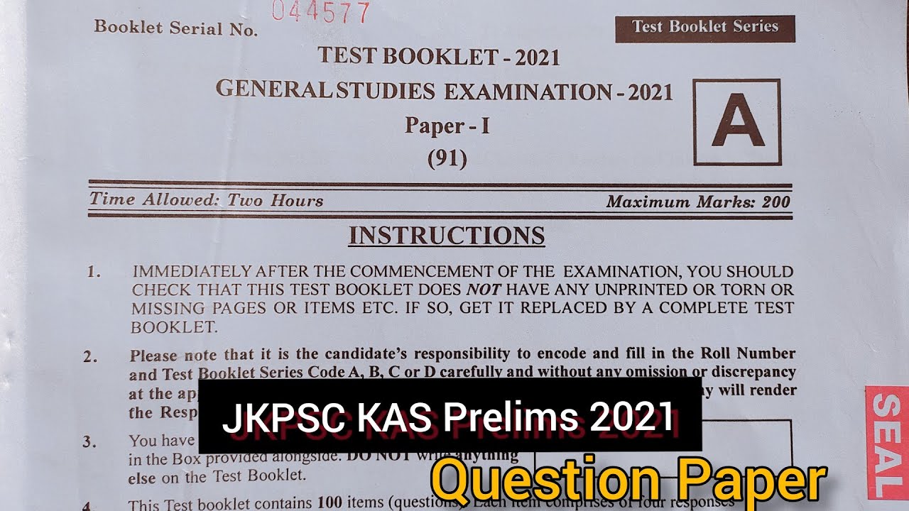 JKPSC KAS Prelims 2021 | Question Paper - YouTube