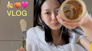 [vlog]일상 브이로그(다이어트 중(?)..ㅎ/땅콩버터를 왜 이렇게 먹어/컬리 언박싱/다이어트 단호박 메뉴 추천/복숭아는 딱복이지🍑/폴로 반팔티•카메라•파우치•책 삼)