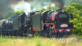 AUSTRALIAN STEAM R766 \u0026 5917 Locomotives DOUBLE HEADER through Menangle NSW 4903 Trailing