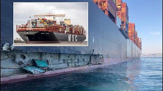 Ambarlı Limanı'nda iskeleye çarpan dev konteyner gemisi havadan görüntülendi