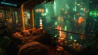 🎵 Cozy Neomerald Balcony: Rain and Ambient Music | Cyberpunk Bedroom over the City | 4K | 10 hours