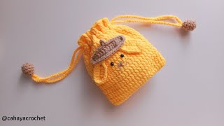 Crochet pompompurin pouch | Crochet drawstring pouch | Dompet rajut serut pompompurin