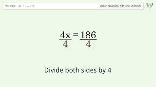 Solve 4x+3=189: Linear Equation Video Solution | Tiger Algebra